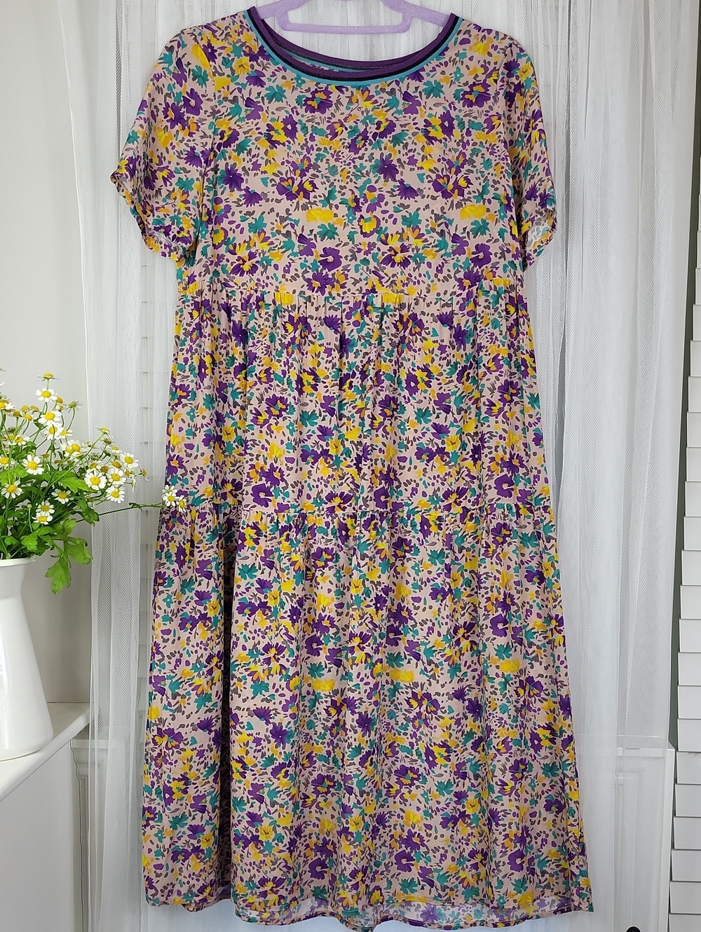 Mulberry silk Floral Tiered Midi Dress in Purple, Yellow & Teal. Size M